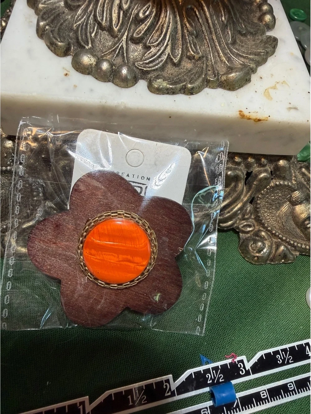 Wood Flower Shaped Orange Accent Vintage Pin